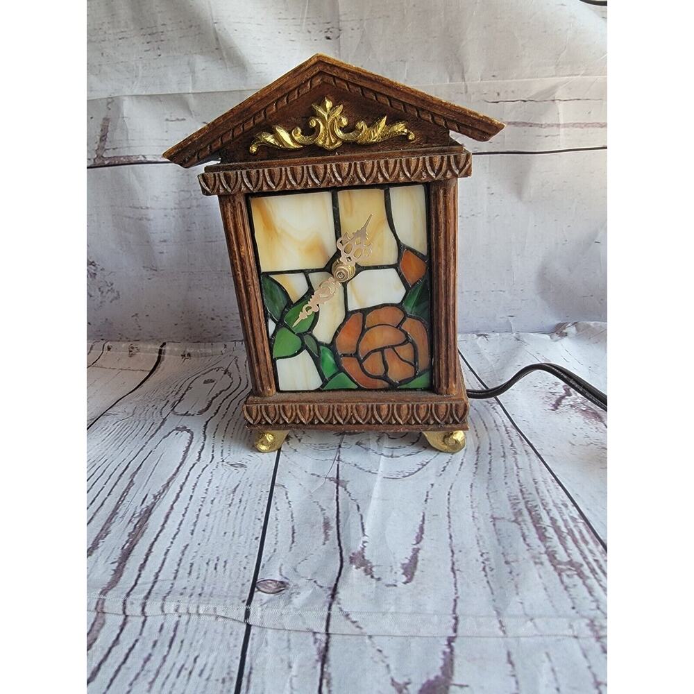 Vintage Light Up Stainglass Wooden Clock Works